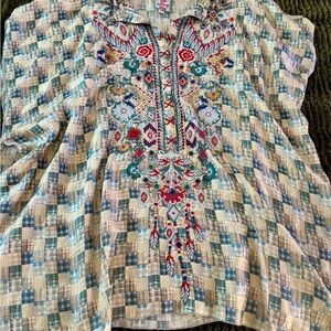 Gorgeous Johnny Was Silk Multicolor Embroidered Plaid Blouse Kaftan S M L XL